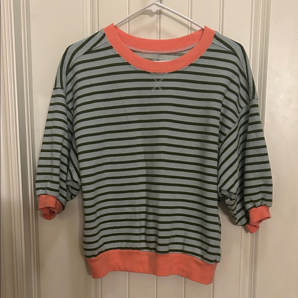Anthropologie Mint Green and Coral Striped Short Sleeve Sweatshirt